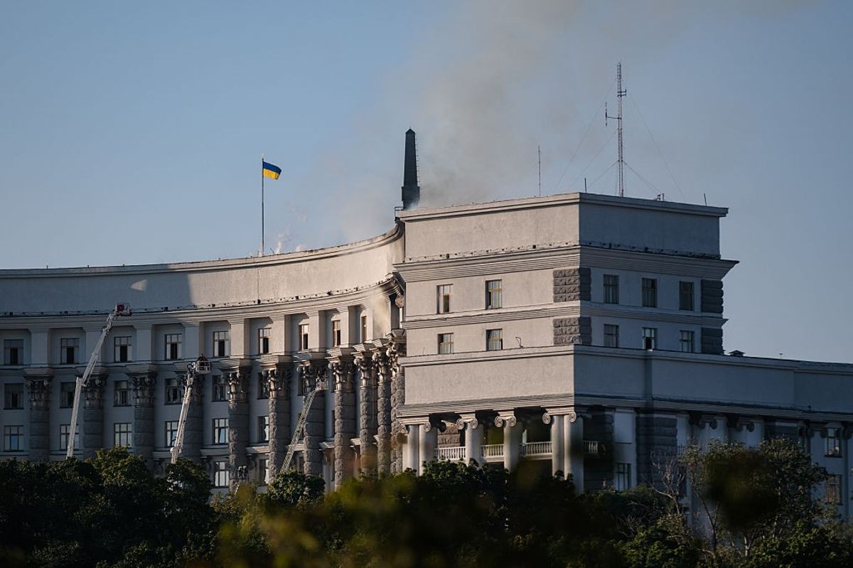A column of smoke rises above the building of the Cabinet of Ministers of Ukraine after a Russian drone and missile attack on September 7, 2025 in Kyiv, Ukraine.