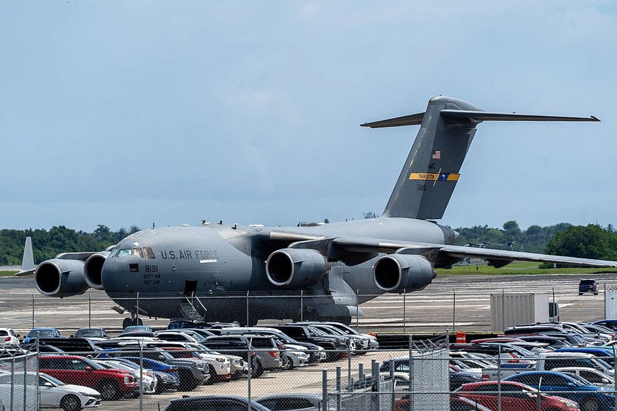 A US Air Force C-17A Globemaster aircraft is seen after landing at Luis Muñoz Marín International Airport in Carolina, Puerto Rico, on September 8, 2025.