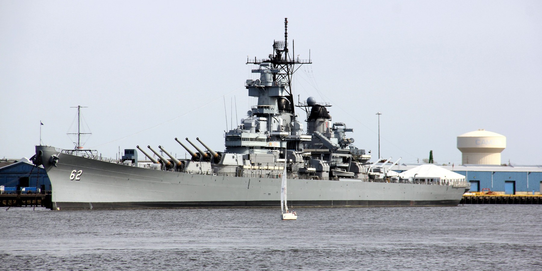 Battleship USS New Jersey on the Camden, NJ, waterfront, view from Philadelphia, PA, across the Delaware River