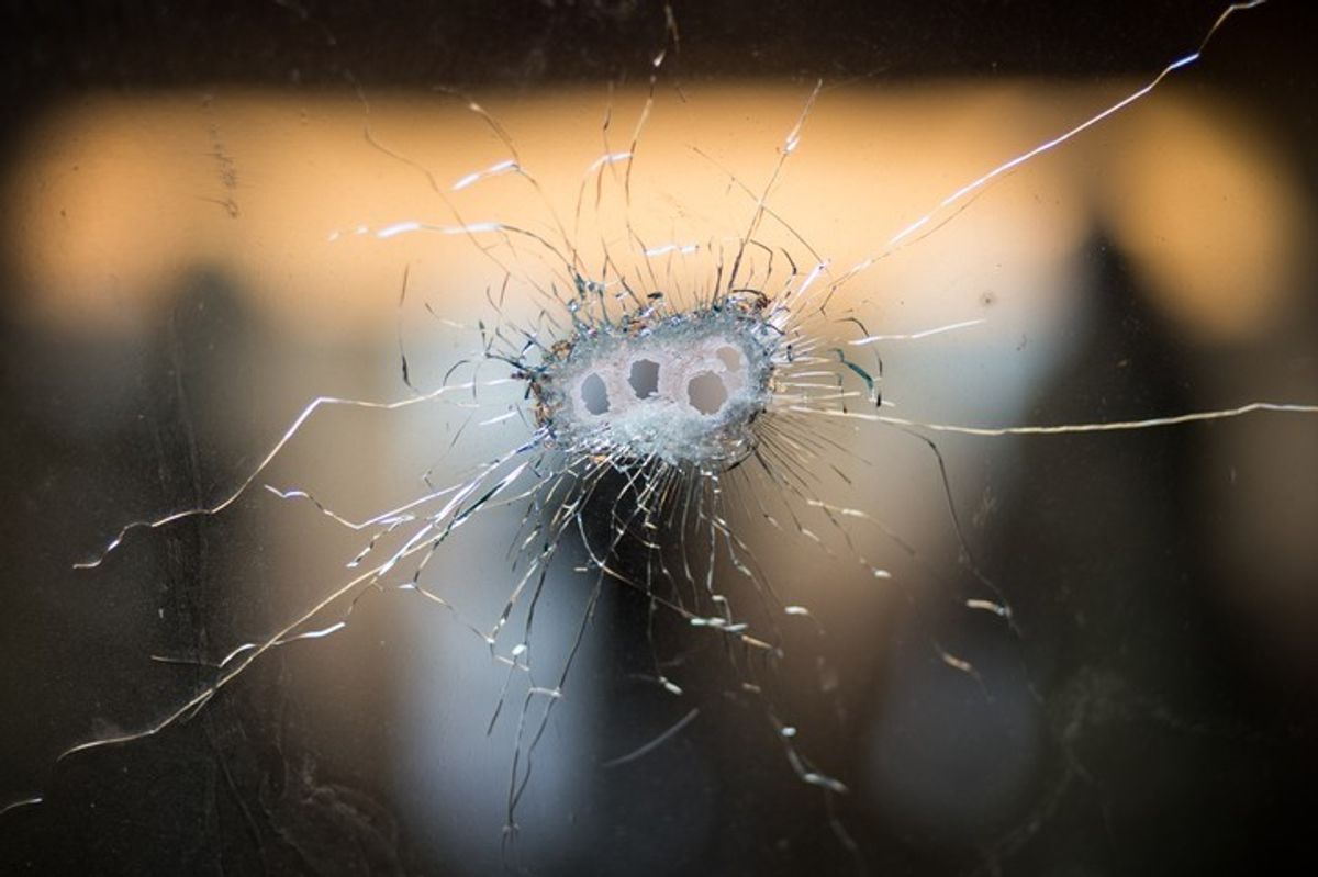 <p>Bullet holes in window</p>