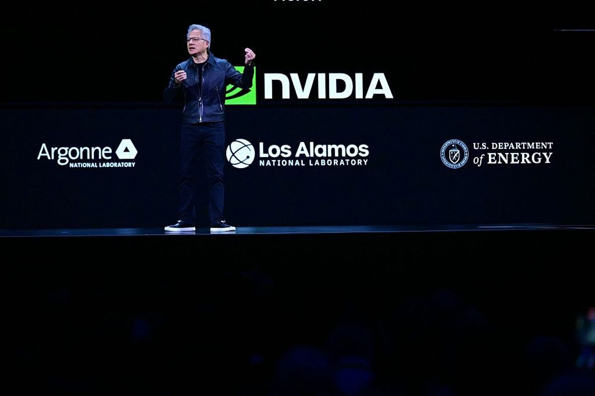 CEO Jensen Huang speaks during the Live Keynote Pregame during the Nvidia GTC (GPU Technology Conference) in Washington, DC, on October 28, 2025.