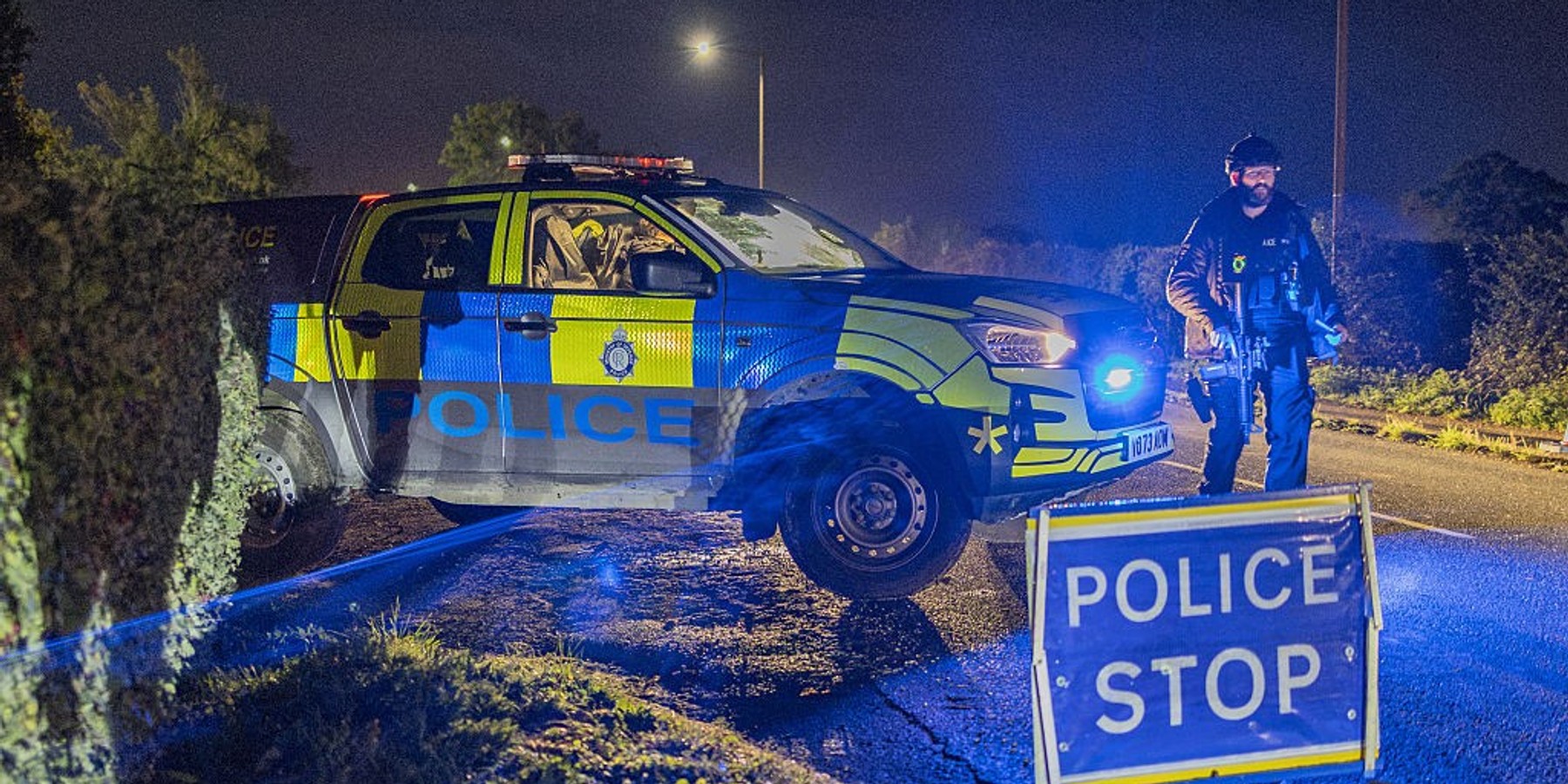 Counter-terror investigation after major incident declared at RAF Fairford FAIRFORD, UK - SEPTEMBER 27: Armed police maintain road blocks and security checks around RAF Fairford, Gloucestershire, United Kingdom, after a major incident was declared on September 27, 2026. Five men have been arrested on suspicion of plotting a car bomb attack against RAF Fairford. The military base hosts US Air Force bombers involved in the conflict with Iran. (Photo by Marcin Nowak/Anadolu via Getty Images)