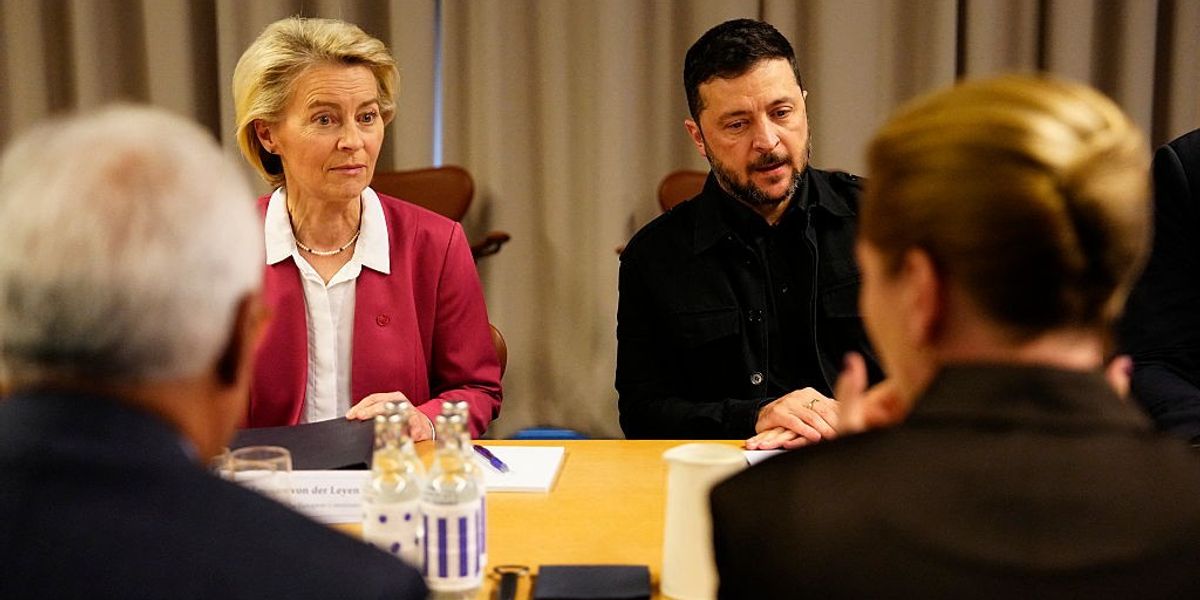 European Commission President Ursula Von der Leyen (L) and Ukraine's President Volodymyr Zelensky (R) sit during a working session of the 7th European Political Community (EPC) Summit at the Bella Center in Copenhagen, Denmark, on October 2, 2025.
