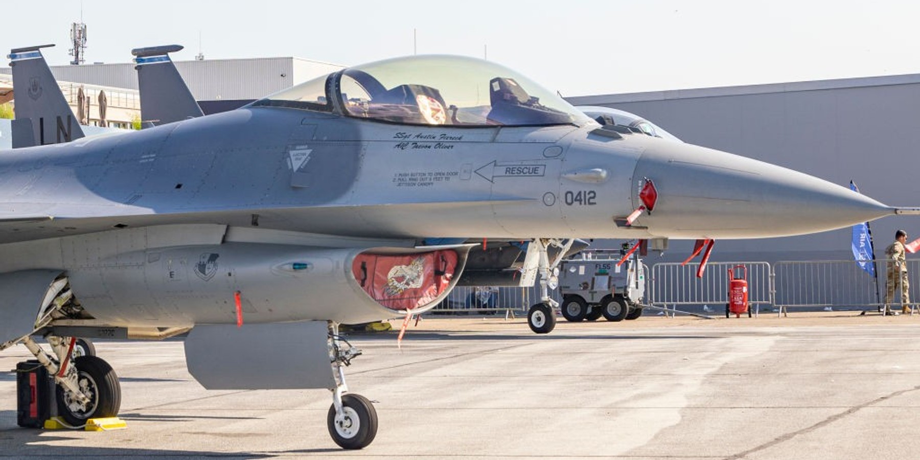 General Dynamics F-16 fighter jet on the tarmac at the static display during the International Paris Air Show in Le Bourget airport. The General Dynamics F-16 Fighting Falcon is an American single-engine supersonic multirole military fighter aircraft originally developed by General Dynamics for the United States Air Force USAF, designed as an air superiority day fighter, it evolved into a successful all-weather multirole aircraft. Over 4,600 aircraft have been built since production was approved in 1976. Visitors gather around the US Air Force F16 Fighting Falcons fighter jet. The two fighters have the tail number 91-403 and 901-412 are F-16C Block 50D variants. The 480th Fighter Squadron 480 FS, nicknamed the Warhawks, is an active United States Air Force unit operating from the Spangdahlem Air Base in Germany. Paris Air Show is the world's largest aviation and space industry exhibition focusing on modern and advanced technologies on the civilian and military sector. Paris, France on June 2023 (Photo by Nicolas Economou/NurPhoto via Getty Images)