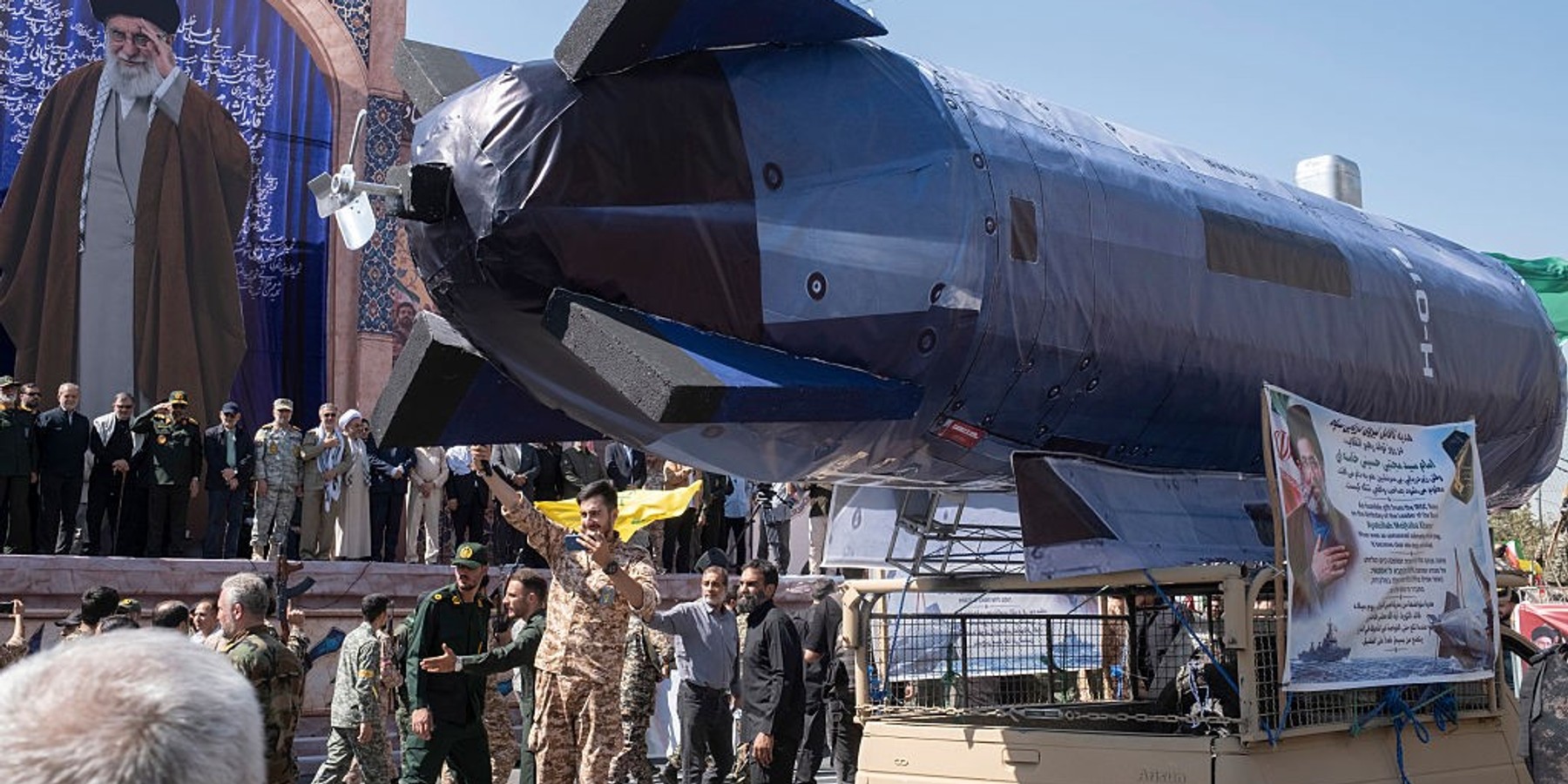 Iran's Self-sacrificing Military Parade In Tehran An unmanned submarine-shaped balloon, which the Islamic Revolutionary Guard Corps (IRGC) says was targeted by its forces while patrolling the Strait of Hormuz, is carried on a vehicle past a portrait of Iran's late Supreme Leader Ayatollah Ali Khamenei during a military parade in downtown Tehran, Iran, on September 18, 2026. The parade, organized by the IRGC, features units described as ''self-sacrificing.'' Tehran's Great Mohammad Rasoolullah Corps announced that the event is a presentation of Iranian military and defensive power against a possible new war by the U.S.-Israeli coalition against the Islamic Republic. (Photo by Morteza Nikoubazl/NurPhoto via Getty Images)