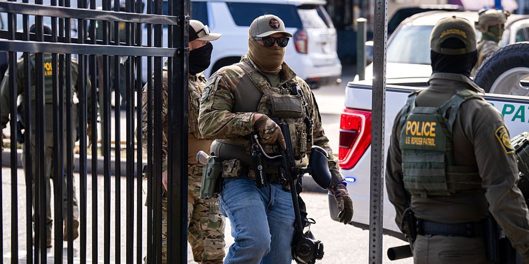Members of US Immigration and Customs Enforcement (ICE) and US Customs and Border Patrol (CBP) patrol near a Lowe's hardware store in New Orleans, Louisiana, on December 3, 2025.