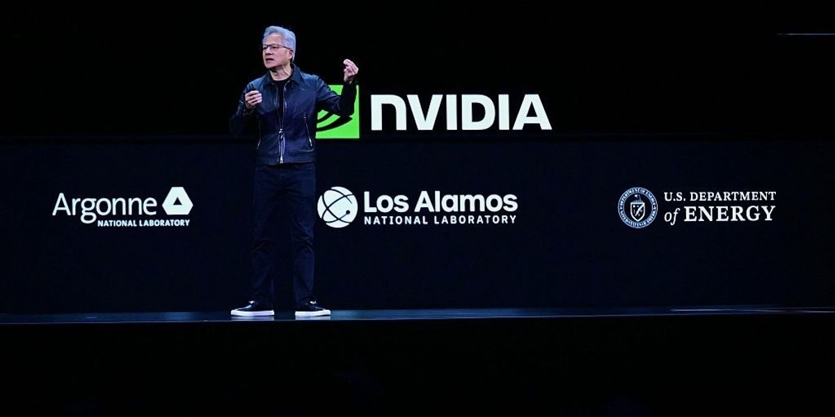 NVIDIA CEO Jensen Huang speaks during the Live Keynote Pregame during the Nvidia GTC (GPU Technology Conference) in Washington, DC, on October 28, 2025.