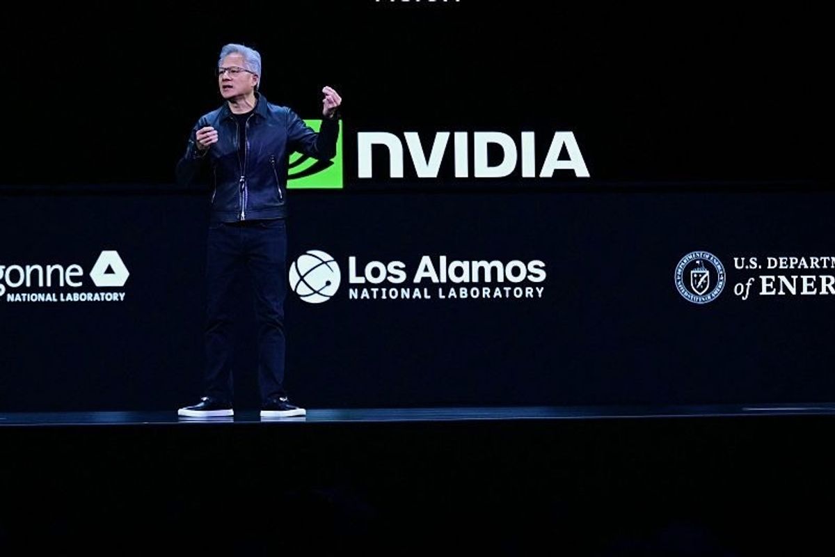NVIDIA CEO Jensen Huang speaks during the Live Keynote Pregame during the Nvidia GTC (GPU Technology Conference) in Washington, DC, on October 28, 2025.
