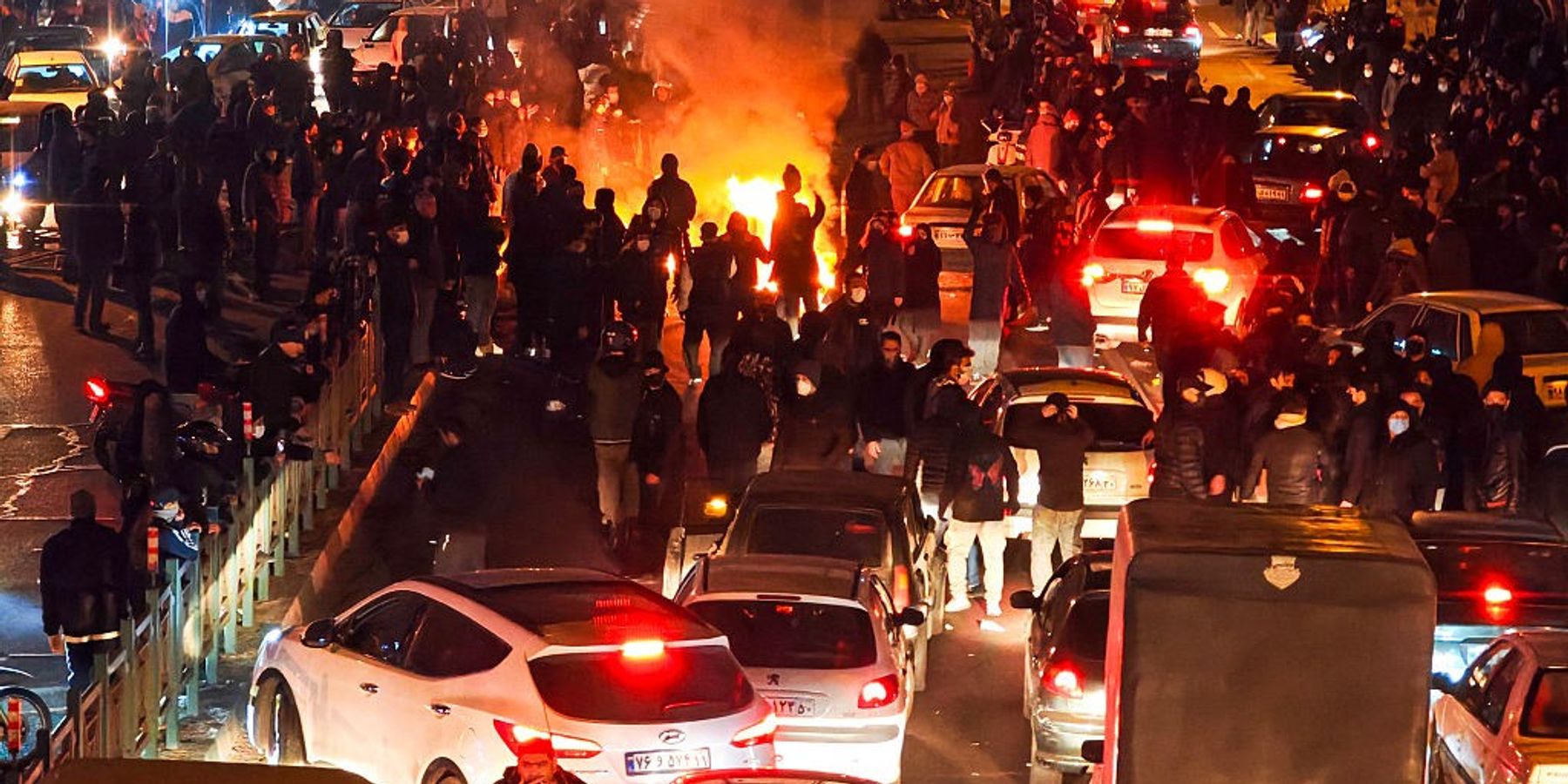 People gather during protest on January 8, 2026 in Tehran, Iran. Demonstrations have been ongoing since December, triggered by soaring inflation and the collapse of the rial, and have expanded into broader demands for political change.