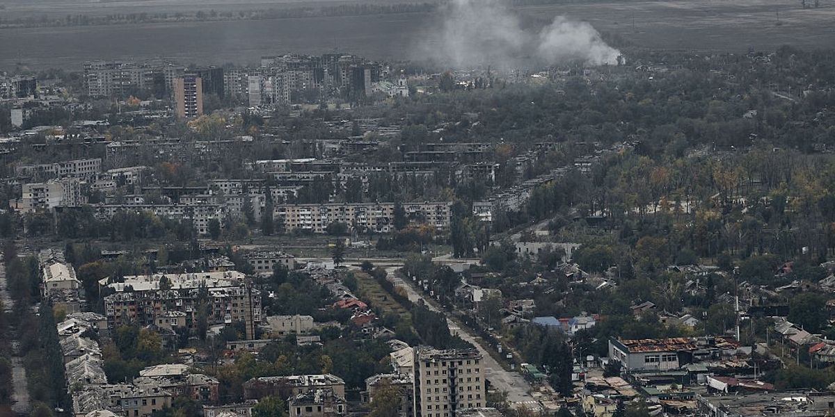 POKROVSK, UKRAINE - OCTOBER 7: A general aerial view shows the destroyed city covered in morning fog, following months of intense fighting near the front line, on October 7, 2025 in Pokrovsk, Ukraine.