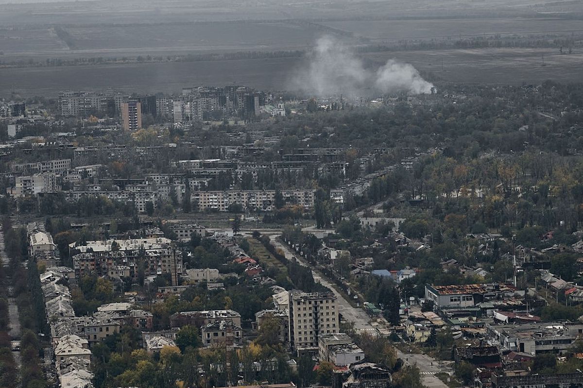 POKROVSK, UKRAINE - OCTOBER 7: A general aerial view shows the destroyed city covered in morning fog, following months of intense fighting near the front line, on October 7, 2025 in Pokrovsk, Ukraine.