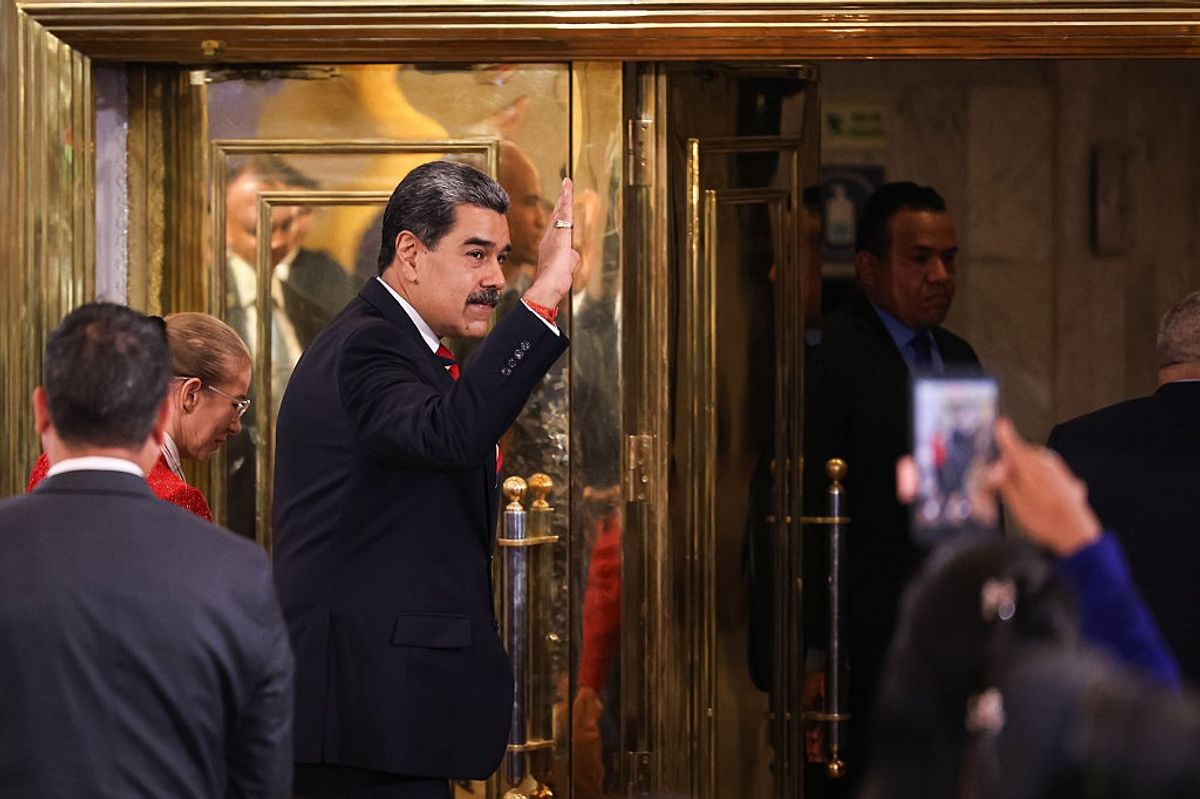 President of Venezuela Nicolás Maduro says goodbye after a press conference at Hotel Melia Caracas on September 01, 2025 in Caracas, Venezuela.