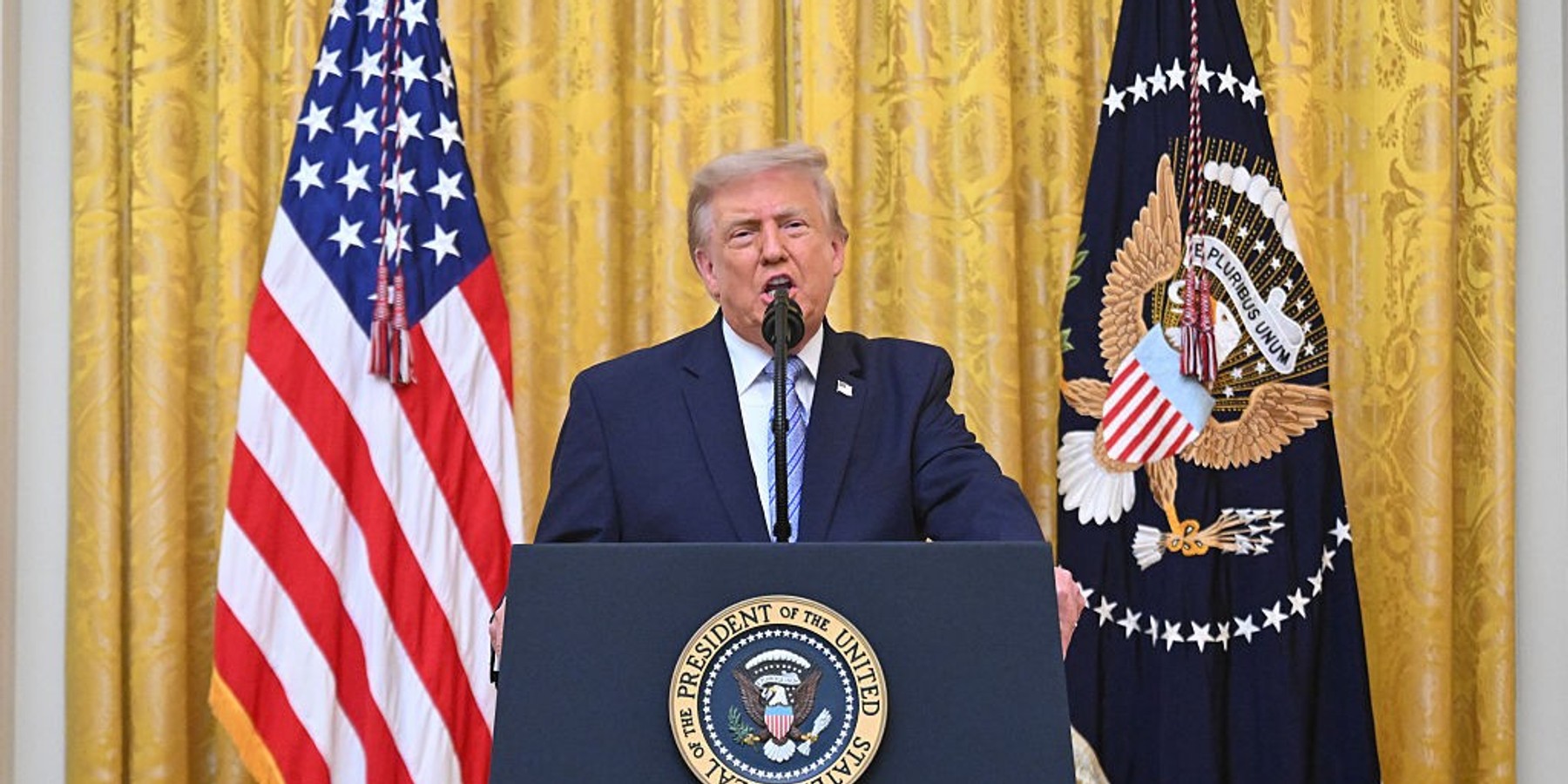 President Trump Addresses The Nation From The East Room Of The White House WASHINGTON, D.C. - JULY 16: U.S. President Donald Trump addresses the nation from the East Room of the White House on July 16, 2026 in Washington, DC. Trump is expected to speak on election security. (Photo by Saul Loeb/Pool - Getty Images)