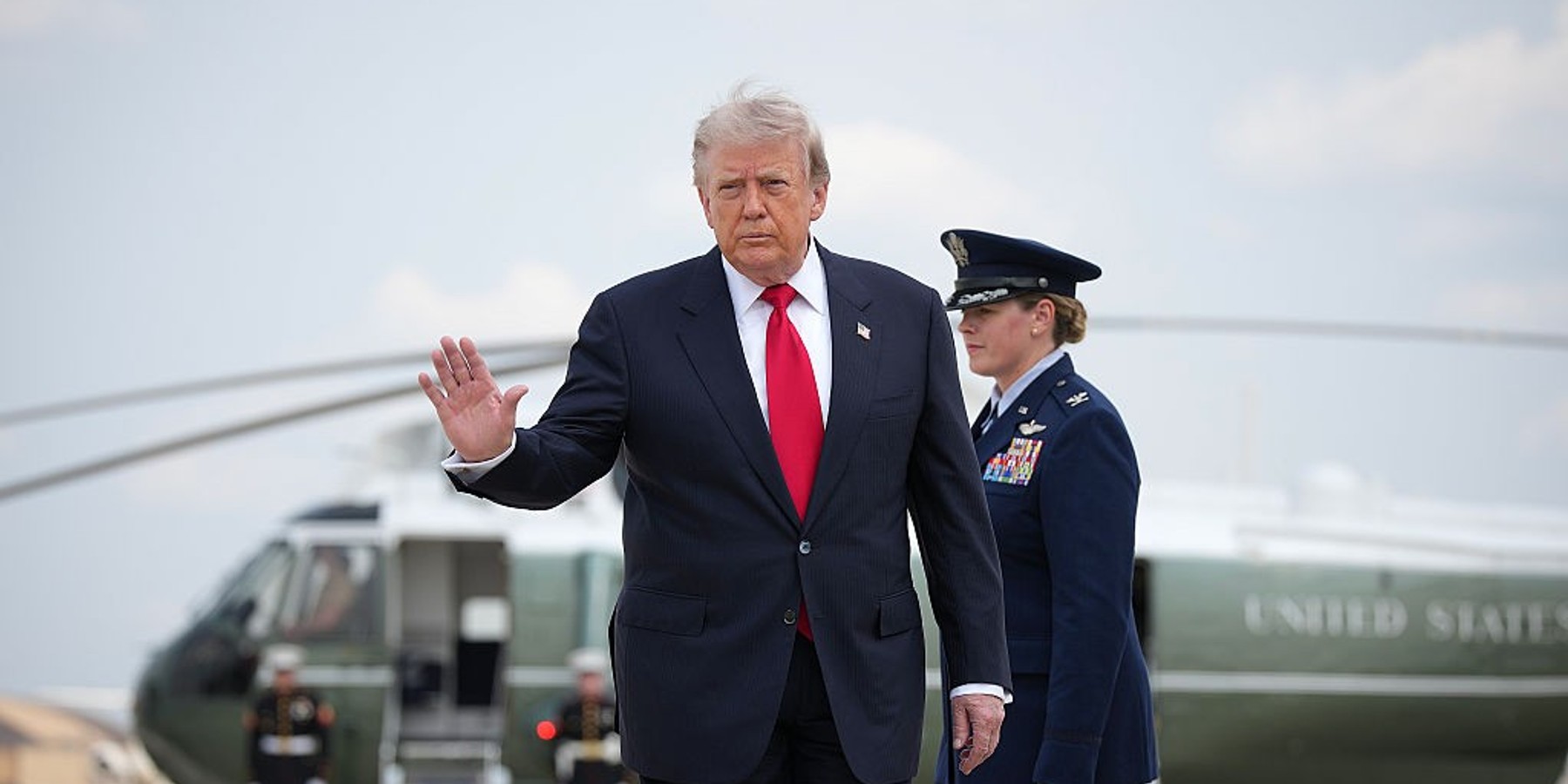 President Trump Departs D.C. For Michigan JOINT BASE ANDREWS, MARYLAND - JULY 27: U.S. President Donald Trump steps off Marine One before boarding Air Force One for a trip to Michigan on July 27, 2026 in Joint Base Andrews, Maryland. Trump is scheduled to tour General Motors' Milford Proving Ground while in Michigan. (Photo by Andrew Harnik/Getty Images)