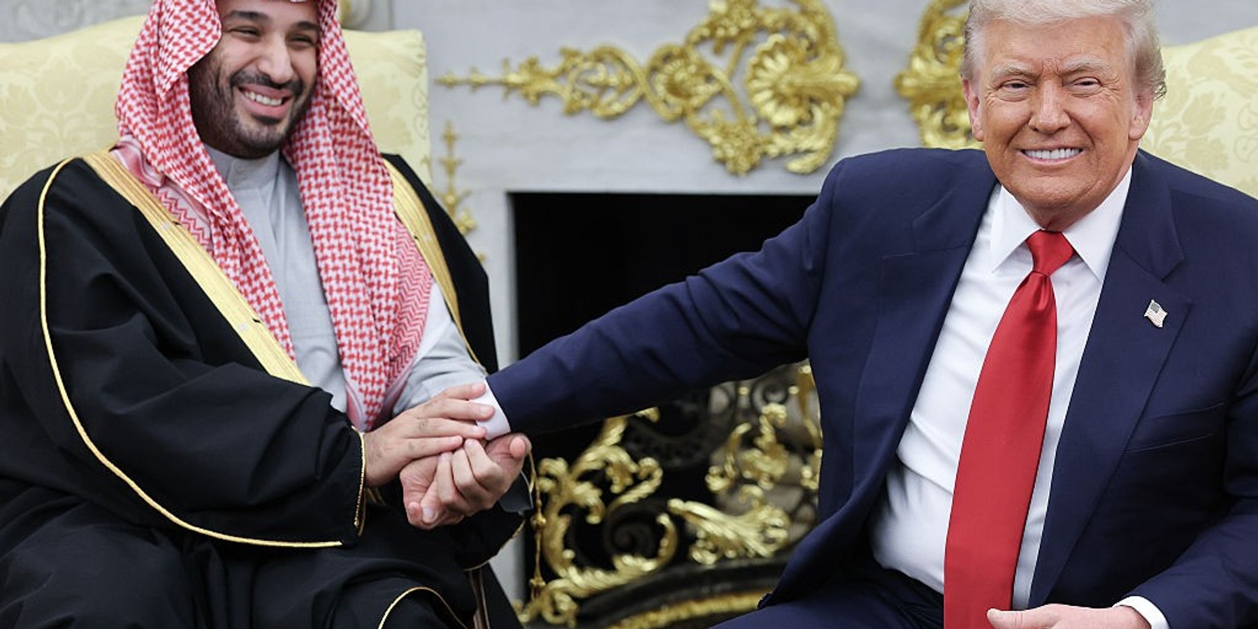 President Trump Hosts The Crown Prince And Prime Minister Of Saudi Arabia At The White House WASHINGTON, DC - NOVEMBER 18: US President Donald Trump (R) meets with Crown Prince and Prime Minister Mohammed bin Salman of Saudi Arabia during a bilateral meeting in the Oval Office of the White House on November 18, 2025 in Washington, DC. Trump is hosting the crown prince for meetings aimed at strengthening economic and defense ties, including the US sale of F-35 fighter jets to Saudi Arabia. (Photo by Win McNamee/Getty Images)