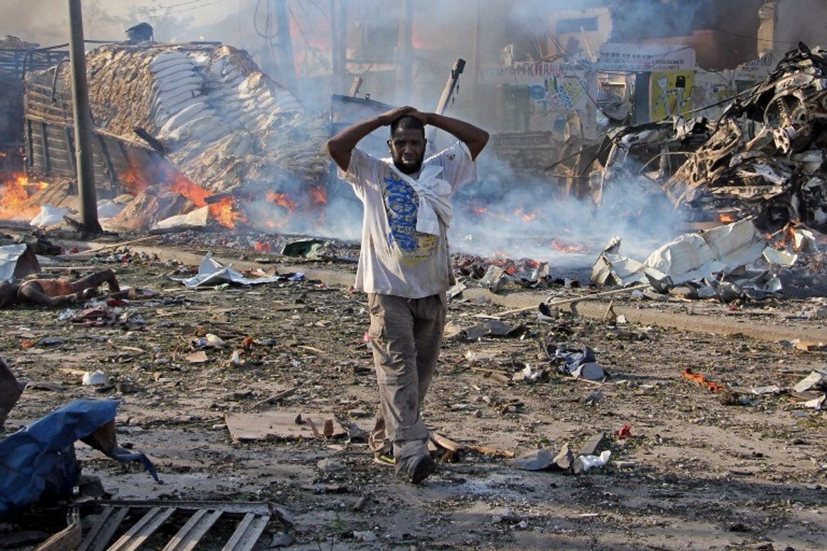 <p>Ruins in Mogadishu after a truck bombing.</p>