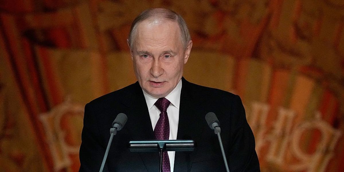 Russian President Vladimir Putin delivers his speech at the 20th anniversary celebration of the Russian state TV-station Russia Today at the Bolshoi Theater in Moscow on October 17, 2025.