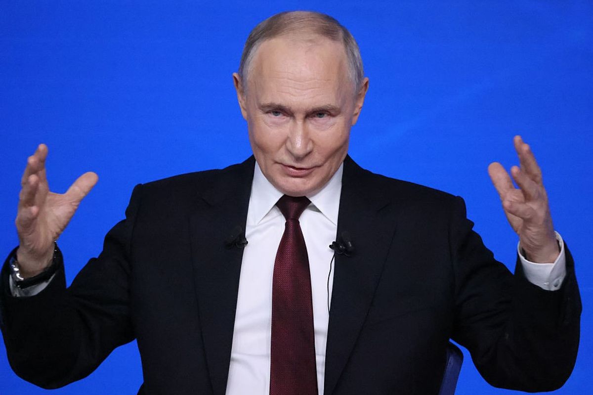 Russian President Vladimir Putin gestures during his annual joint call-in-show and press conference, on December 19, 2025 in Moscow, Russia.