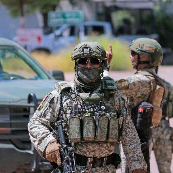 Soldiers of the Mexican Army stand guard as they secure an area during a military operation in Culiacan, Sinaloa State, Mexico, on September 19, 2024