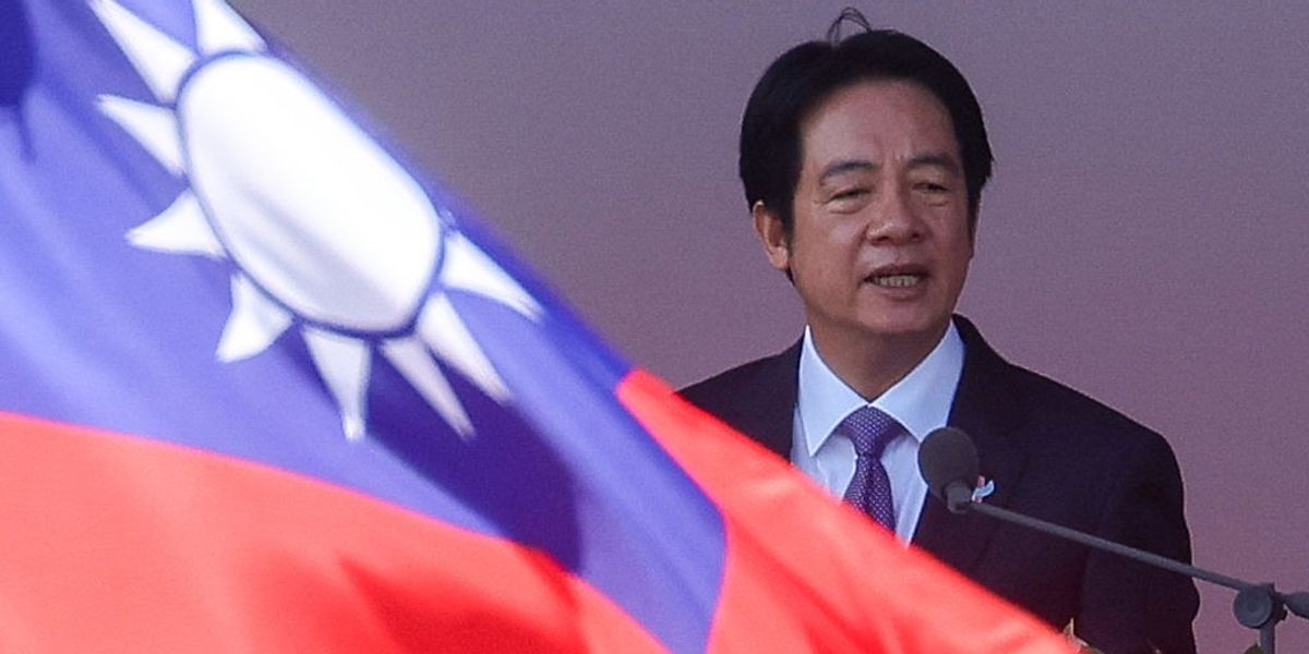 Taiwan President Lai Ching-te (William Lai) delivers a national day address, during the National Day Ceremony, outside the Presidential Office in Taipei, Taiwan, on October 10, 2025.