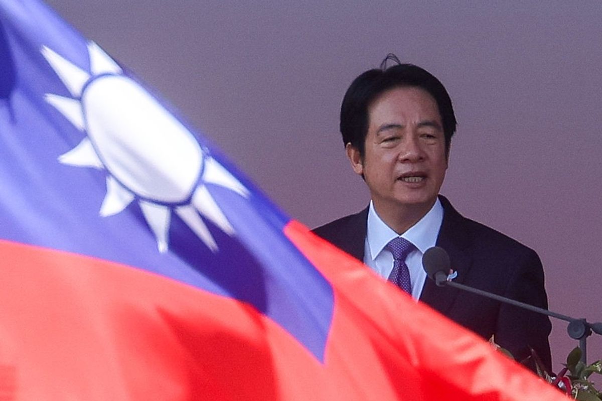 Taiwan President Lai Ching-te (William Lai) delivers a national day address, during the National Day Ceremony, outside the Presidential Office in Taipei, Taiwan, on October 10, 2025.