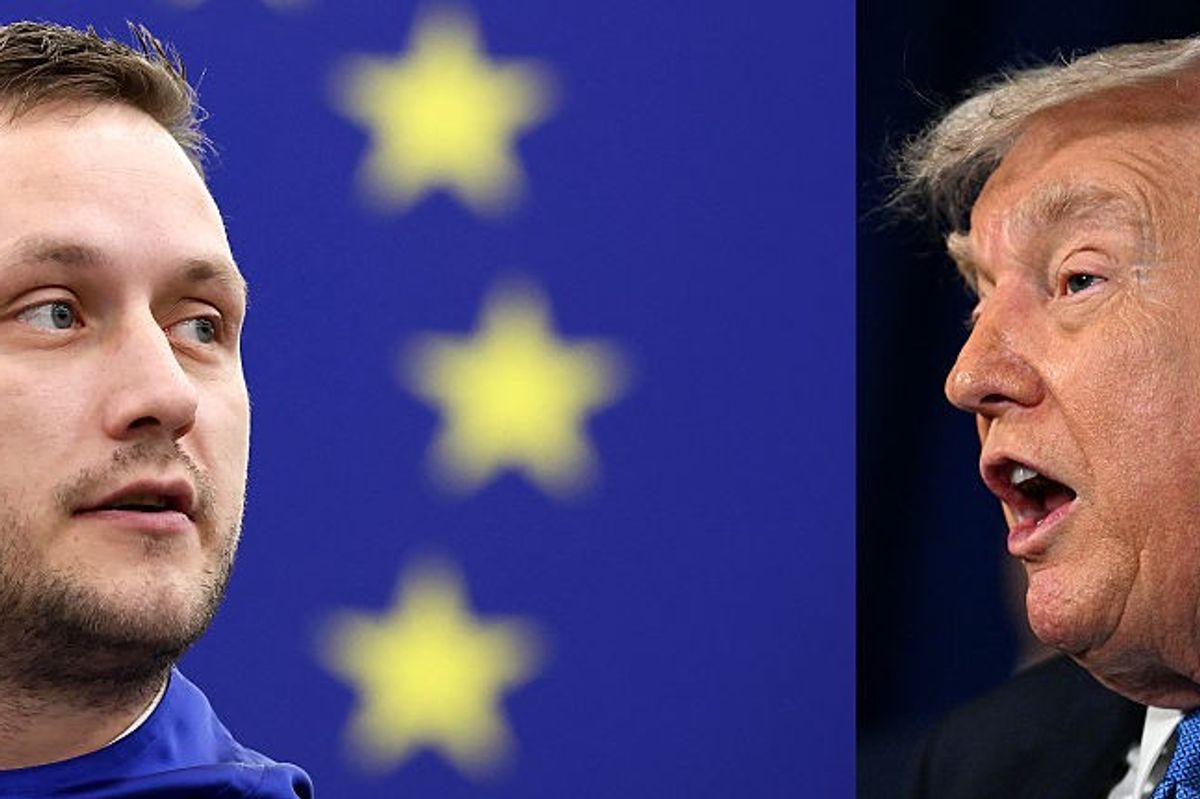 This combination of pictures created on January 6, 2026 shows Greenland's Head of Government Jens-Frederik Nielsen (L, at the European Parliament in Strasbourg, eastern France, on October 8, 2025), and US President Donald Trump (at his Mar-a-Lago residence in Palm Beach, Florida, on January 3, 2026)