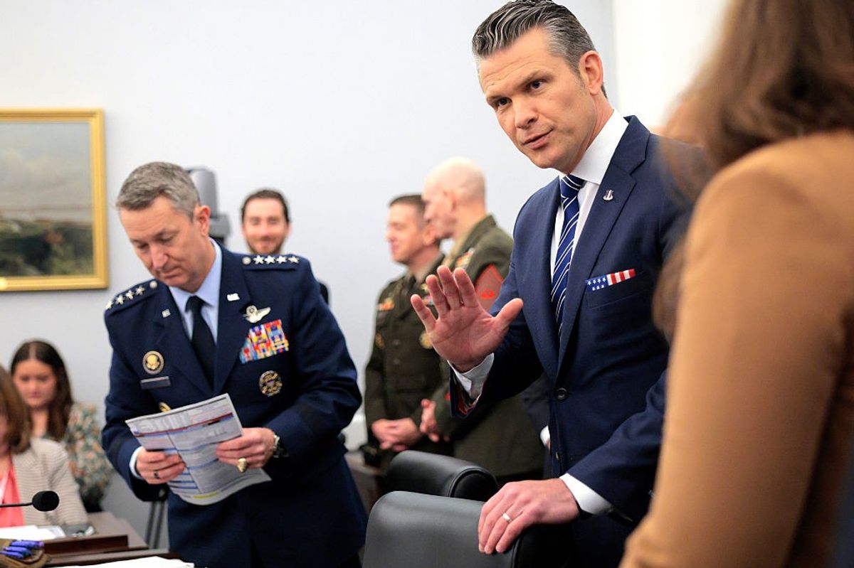 U.S. Defense Secretary Pete Hegseth (R) and Chairman of the Joint Chiefs of Staff Air Force Gen. Dan Caine (L) arrives to testify before the House Appropriations Committee's Defense Subcommittee at the U.S. Capitol on June 10, 2025 in Washington, DC.