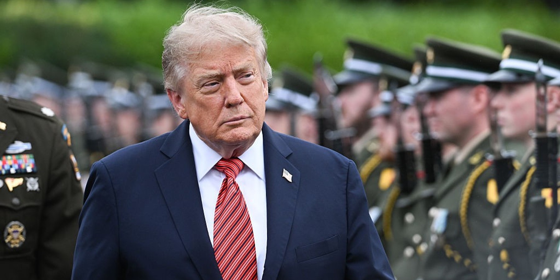 U.S. President Donald Trump in Dublin DUBLIN, IRELAND - SEPTEMBER 12: U.S. President Donald Trump, accompanied by Irish military officers, walks past lines of standing troops while inspecting the Irish Army Guard of Honor at Aras an Uachtarain on September 12, 2026, in Dublin, Ireland. (Photo by Artur Widak/Anadolu via Getty Images)