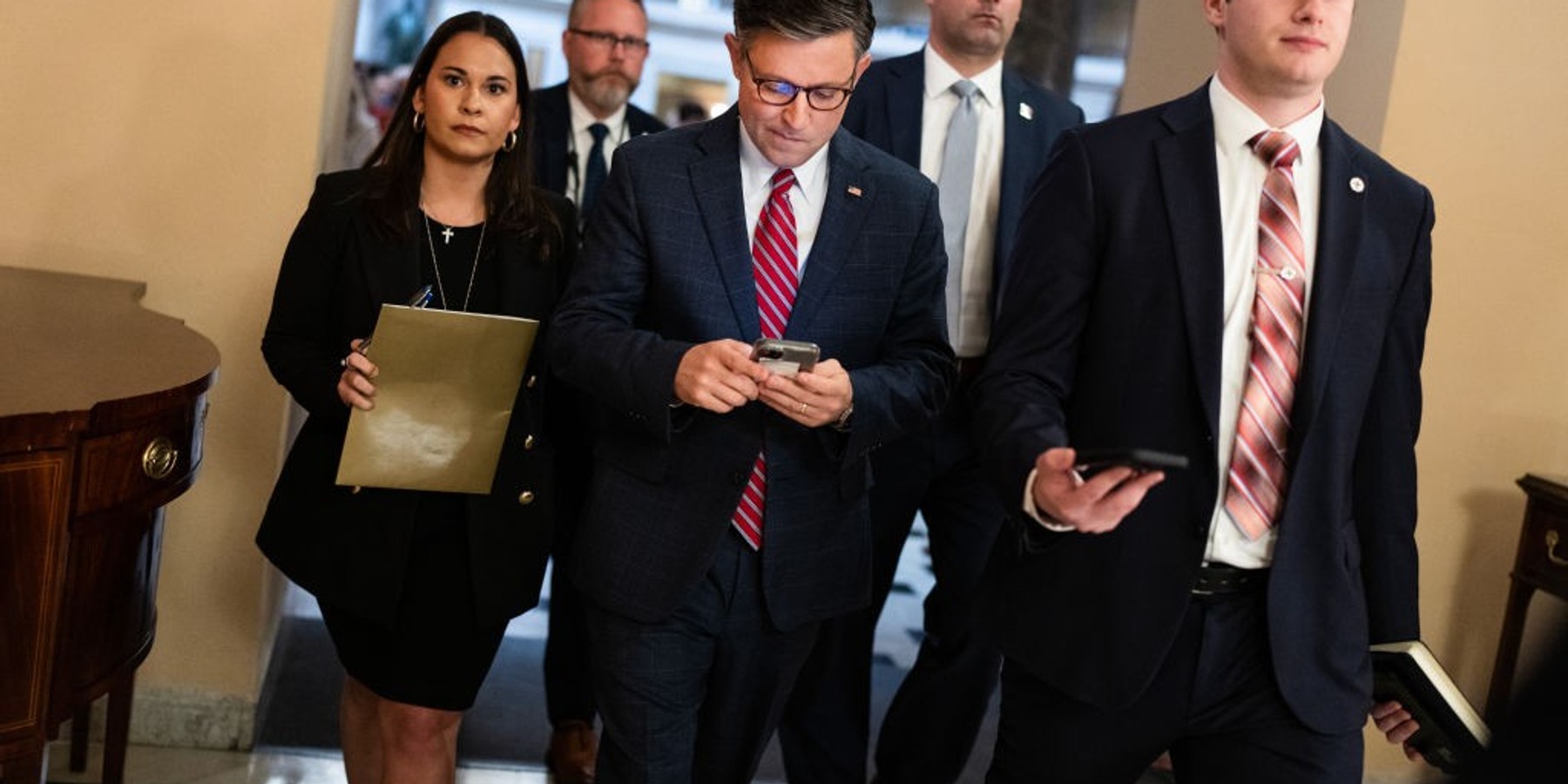 UNITED STATES - APRIL 12: Speaker of the House Mike Johnson, R-La., is seen in the U.S. Capitol before the House reauthorized Section 702 of the Foreign Intelligence Surveillance Act (FISA) on Friday, April 12, 2024. (Tom Williams/CQ-Roll Call, Inc via Getty Images)