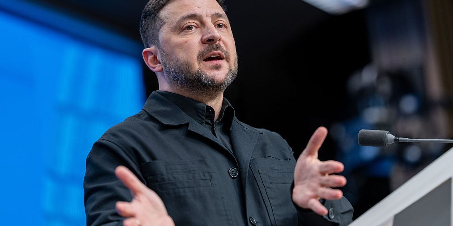 Volodymyr Zelensky, President of Ukraine, speaks after the first working session at the EU summit.