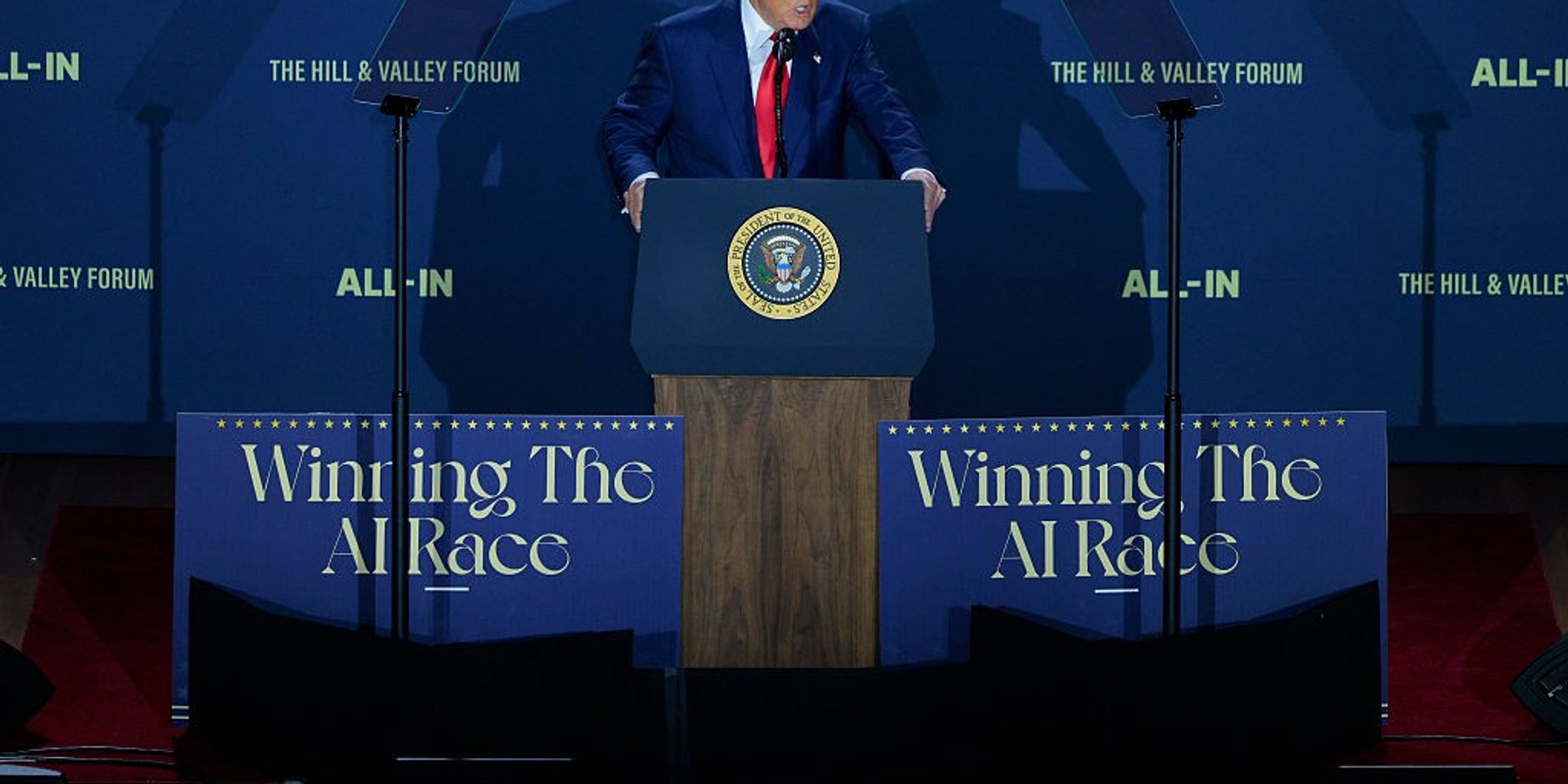 WASHINGTON, DC - JULY 23: U.S. President Donald Trump speaks during the "Winning the AI Race" summit hosted by All‑In Podcast and Hill & Valley Forum at the Andrew W. Mellon Auditorium on July 23, 2025 in Washington, DC. Trump signed executive orders related to his Artificial Intelligence Action Plan during the event. (Photo by Chip Somodevilla/Getty Images)
