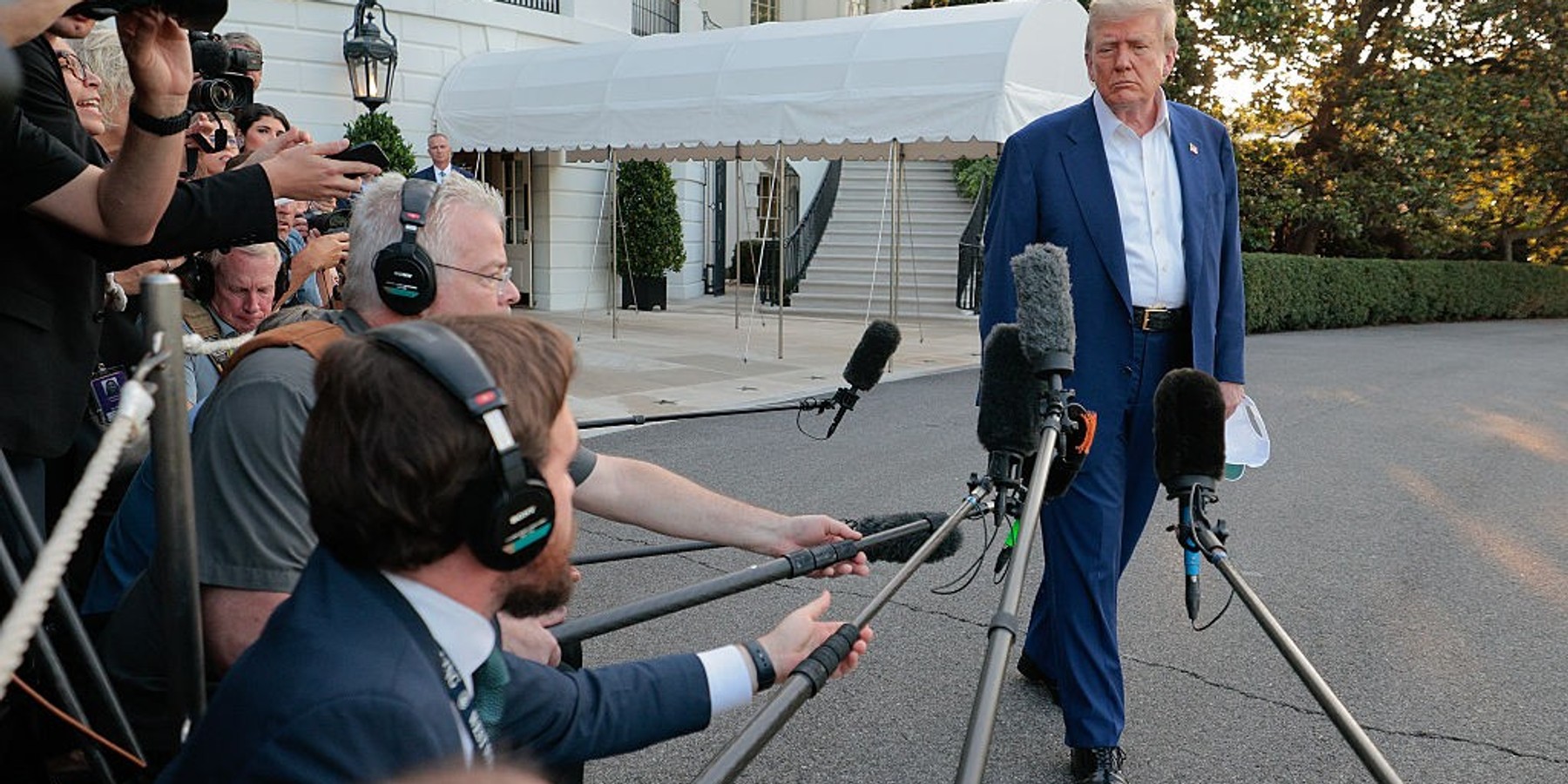 WASHINGTON, DC - JUNE 24: U.S. President Donald Trump speaks to reporters before boarding the Marine One presidential helicopter and departing the White House on June 24, 2025 in Washington, DC. Less than 12 hours after announcing a ceasefire between Israel and Iran, Trump is traveling to the Netherlands to attend the NATO leaders' summit. (Photo by Chip Somodevilla/Getty Images)