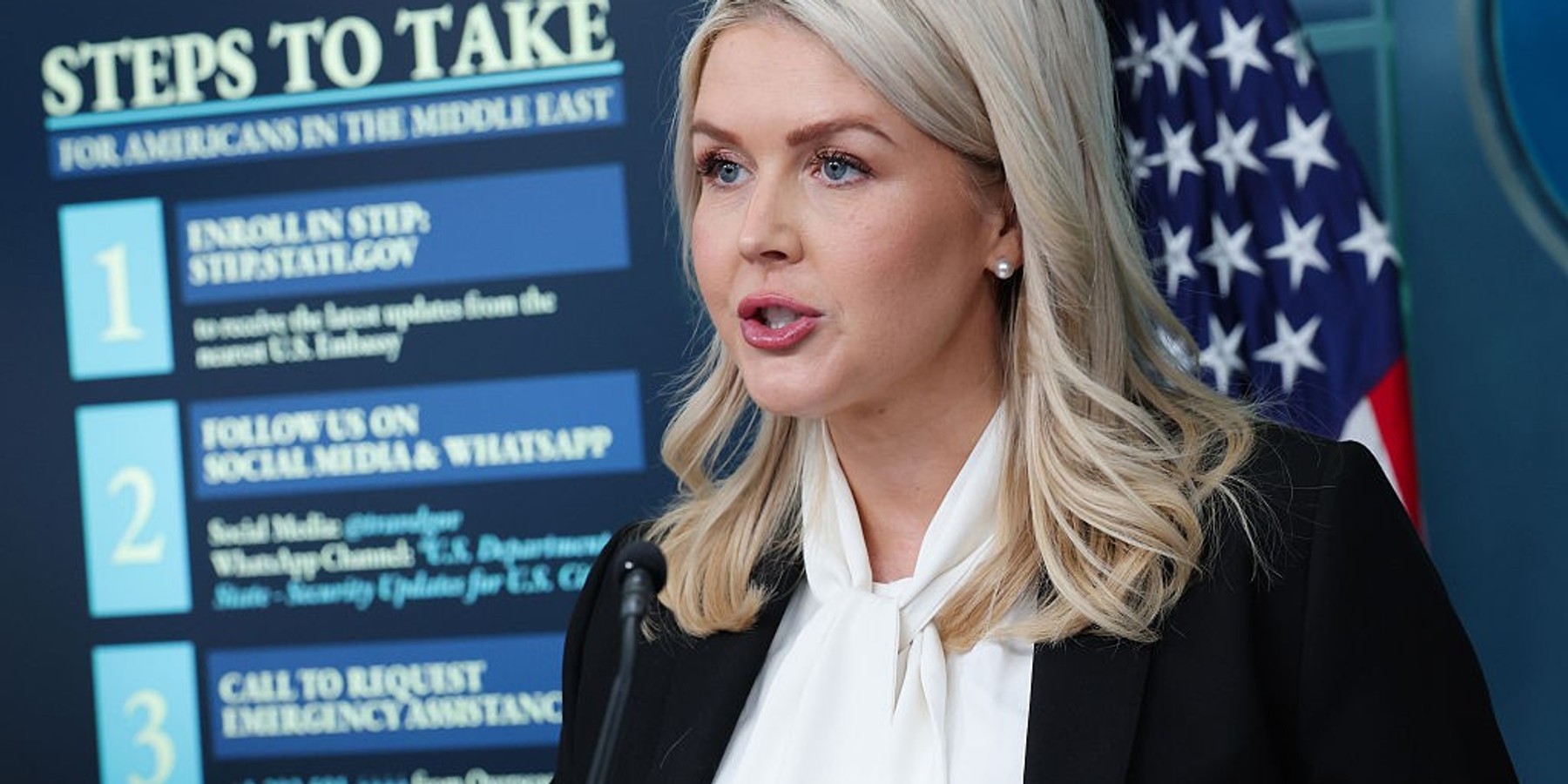 White House Press Secretary Karoline Leavitt displays steps for U.S. citizens in the Middle East to take following U.S. strikes on Iran