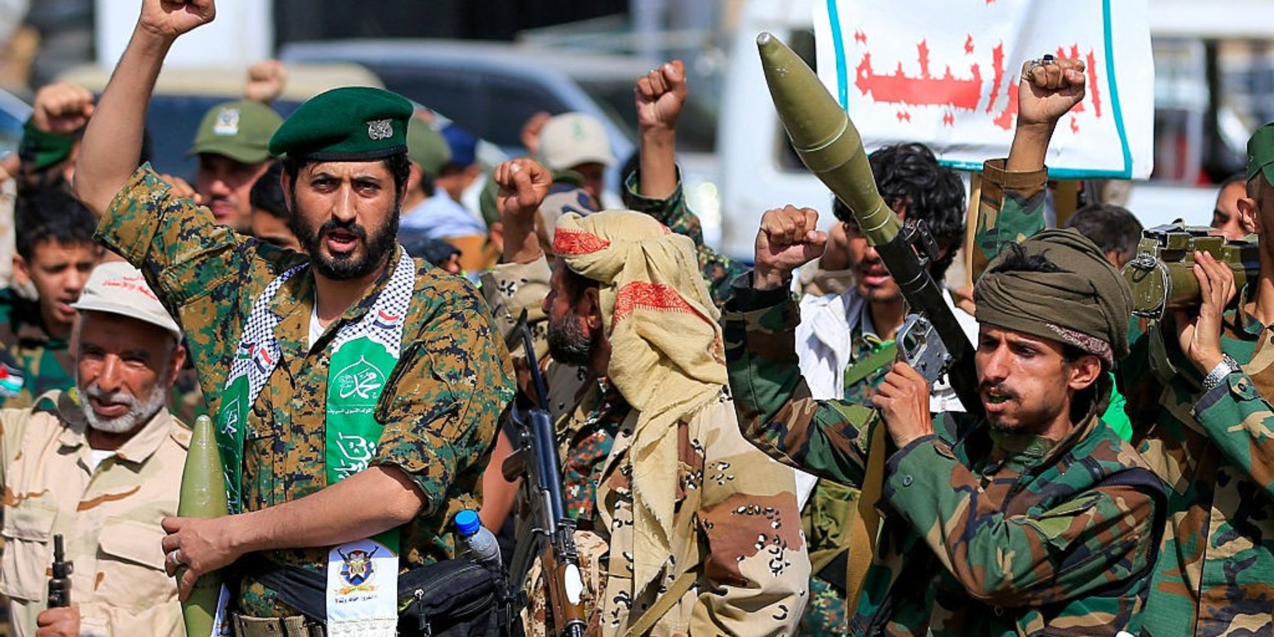 YEMEN-CONFLICT Fighters loyal to the Houthi authorities, shouts slogans during a rally to recruit more fighters, in Sanaa on September 10, 2026. The country relapsed into war in July after years of calm, drawn into the regional conflict triggered by the US-Israeli offensive against Iran that began at the end of February. (Photo by Mohammed HUWAIS / AFP via Getty Images)
