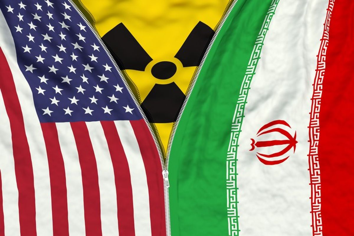 <p>Zipper separates or connects US and Iranian flags with radiation symbol</p>
