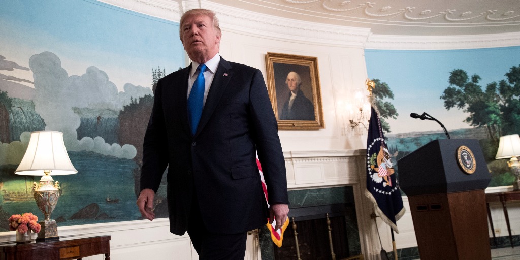 President Trump leaves the podium after speak on Iran.