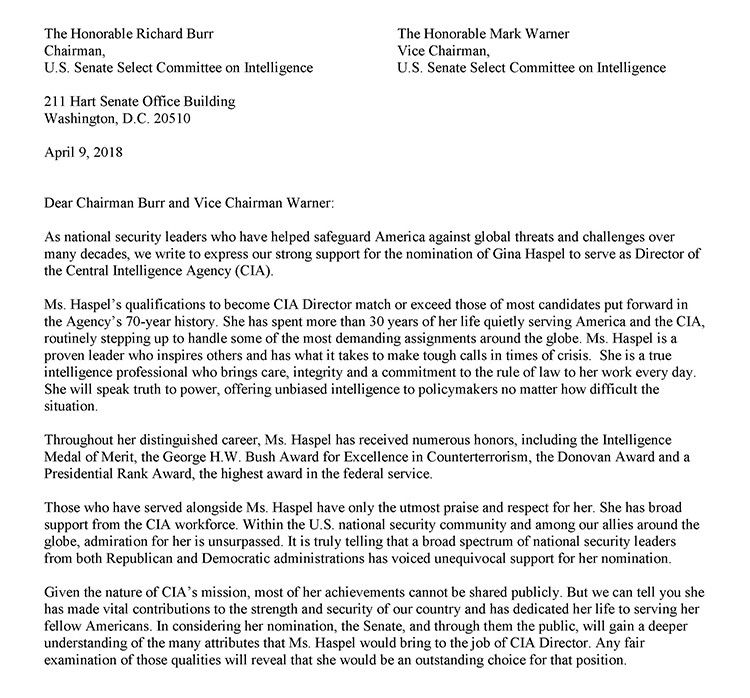 full court press for haspel letter from fifty former officials how to address letter to senator