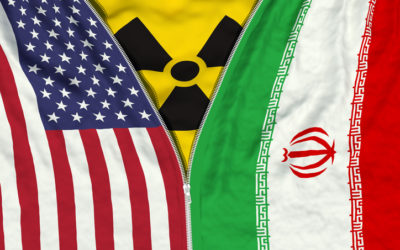 Zipper separates or connects US and Iranian flags with radiation symbol